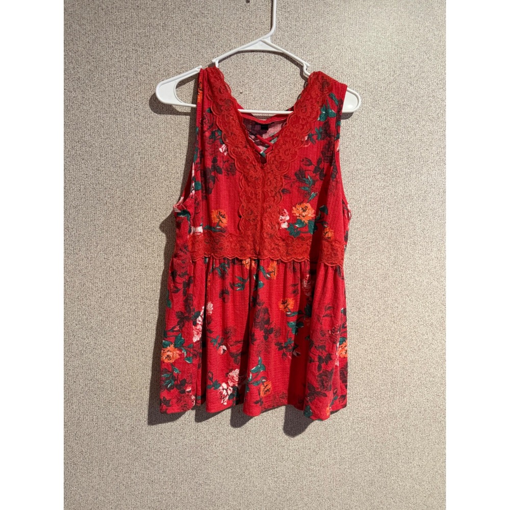 Torrid Red Floral Lace Trim Babydoll Top Sleeveless Ribbed Knit Plus Size 2